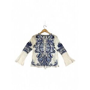Isato Embroidered Boho Peasant Blouse Tassel Tie Sz S